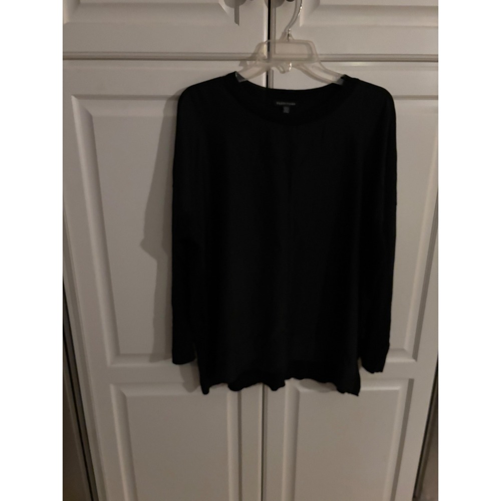 Eileen Fisher Black Silk Front Mixed Media Long Sleeve Knit Top Crew Neck